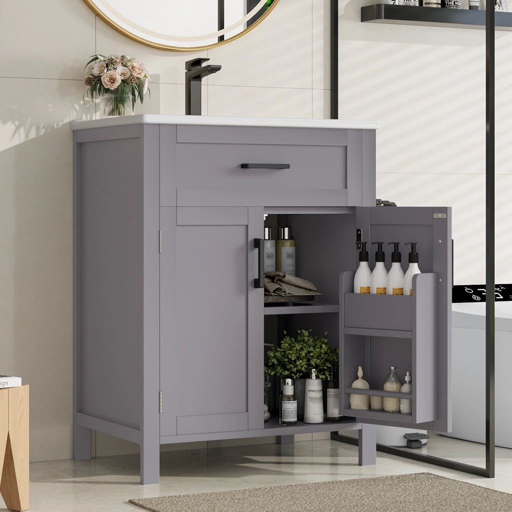 Mobile bagno da terra con lavabo in ceramica integrato, 60x46x84,8 cm, grigio, doppia anta, cassetti e ripiani regolabili