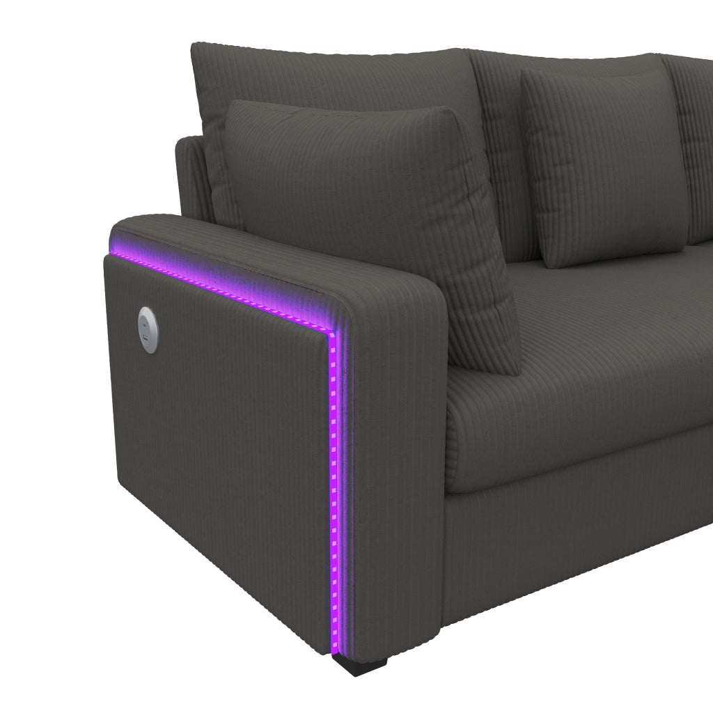 Divano angolare con LED, USB e USB-C, cuscini removibili in velluto a coste grigio, 198 × 198 × 83 cm
