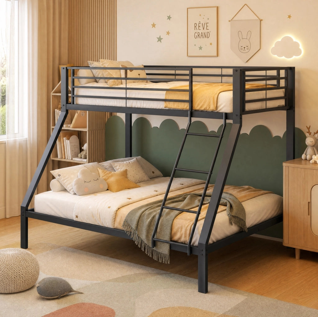 Letto a castello ULEVR in metallo nero 90x200 e 140x200 cm con scala reversibile e protezione anticaduta