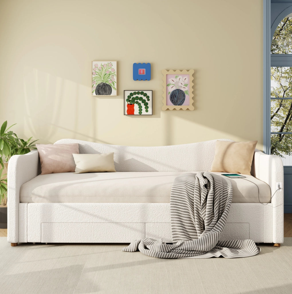 Letto imbottito estensibile con 2 cassetti, 90x200 cm, colore beige bouclé, con porta USB