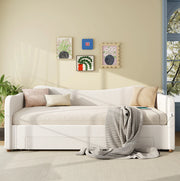 Letto imbottito estensibile con 2 cassetti, 90x200 cm, colore beige bouclé, con porta USB