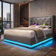 Letto singolo imbottito con contenitore 90x200 cm; cotone grigio; LED e USB Type-C