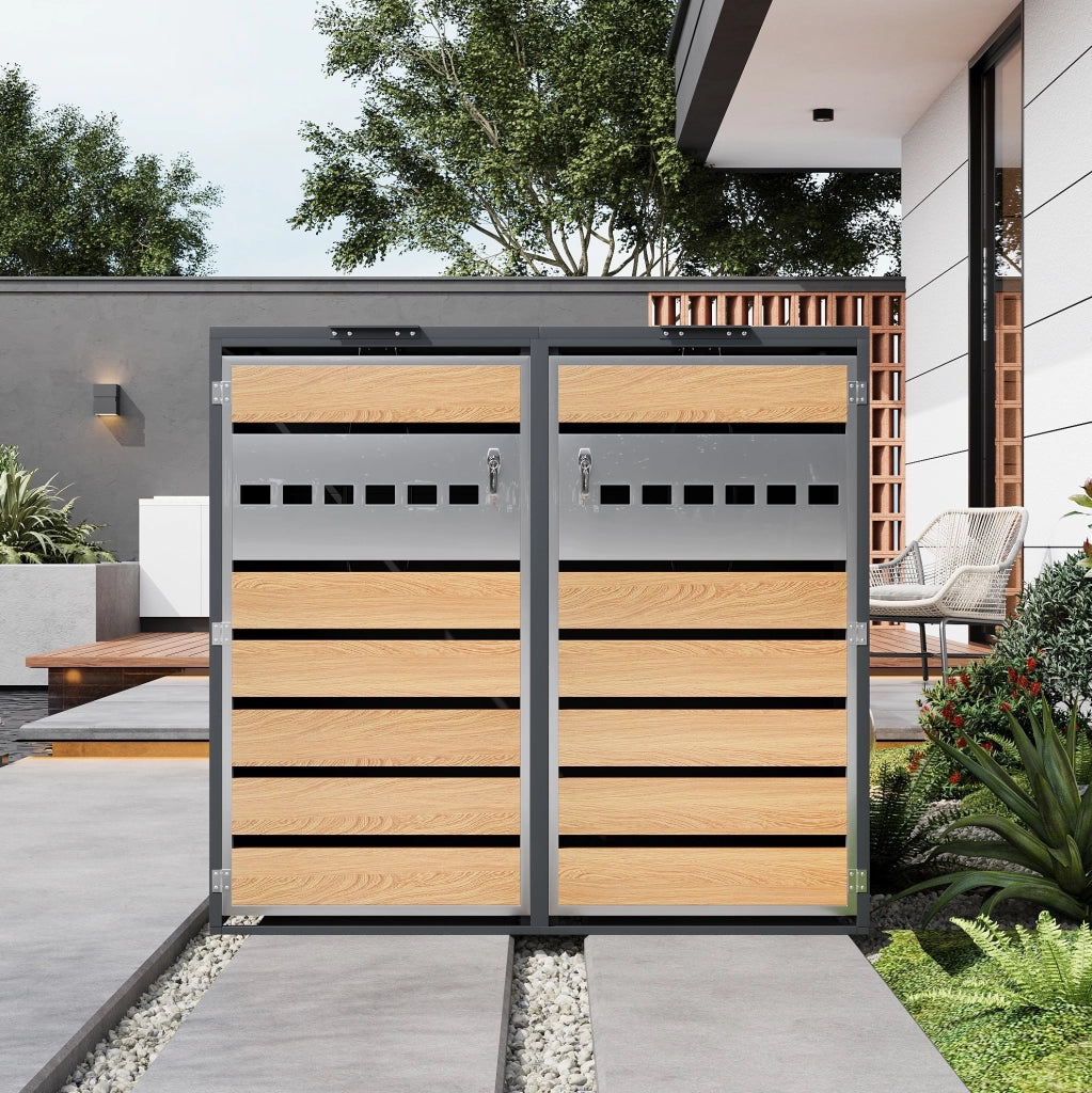 Contenitore per bidoni con coperchio a ribalta idraulico, struttura in acciaio zincato, porte chiudibili a chiave, design elegante con pannelli traforati orizzontalmente