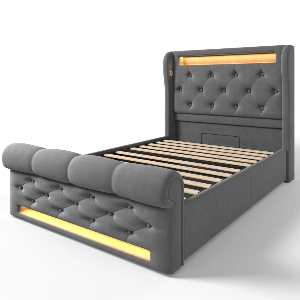 Letto contenitore imbottito 90x200 cm in velluto grigio con LED; USB-C e materasso