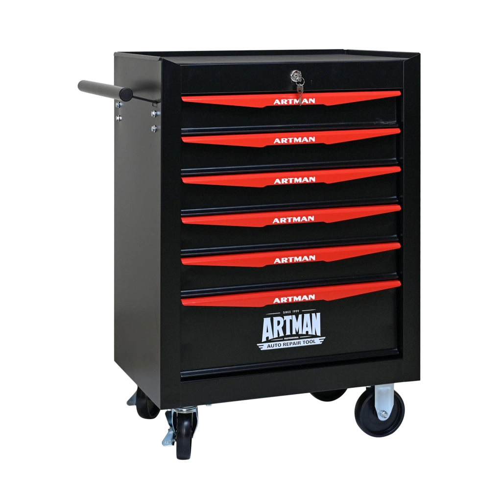 Carrello portattrezzi mobile in acciaio con 6 cassetti, dimensioni 60x33x77,5 cm, colore nero e rosso
