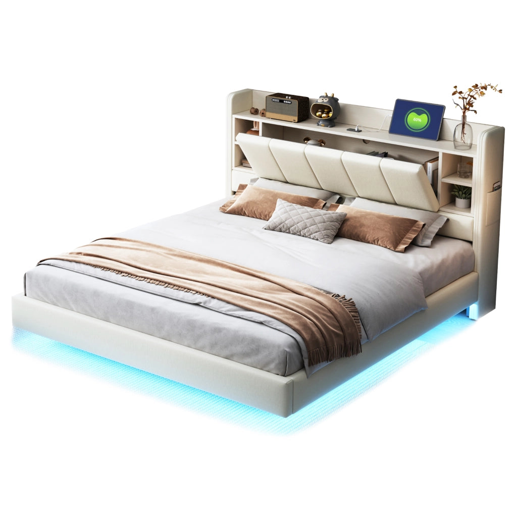 Letto matrimoniale imbottito 160 × 200 cm con LED porta USB vani e mensole testiera in lino beige