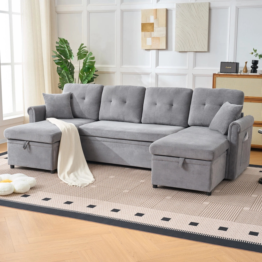 Divano angolare a U con funzione letto e contenitore, grande divano in ciniglia grigio per soggiorno o camera ospiti