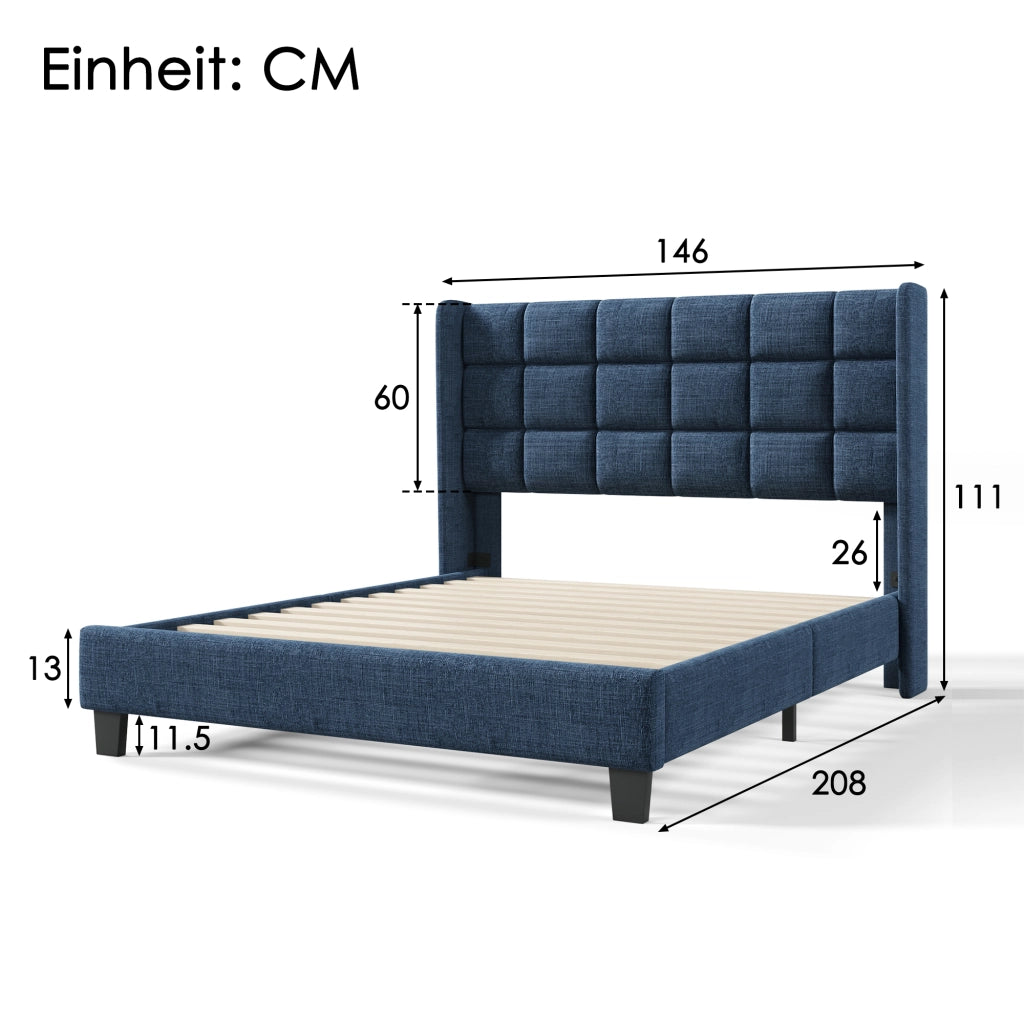 Letto matrimoniale 140x200 imbottito blu in lino con rete a doghe
