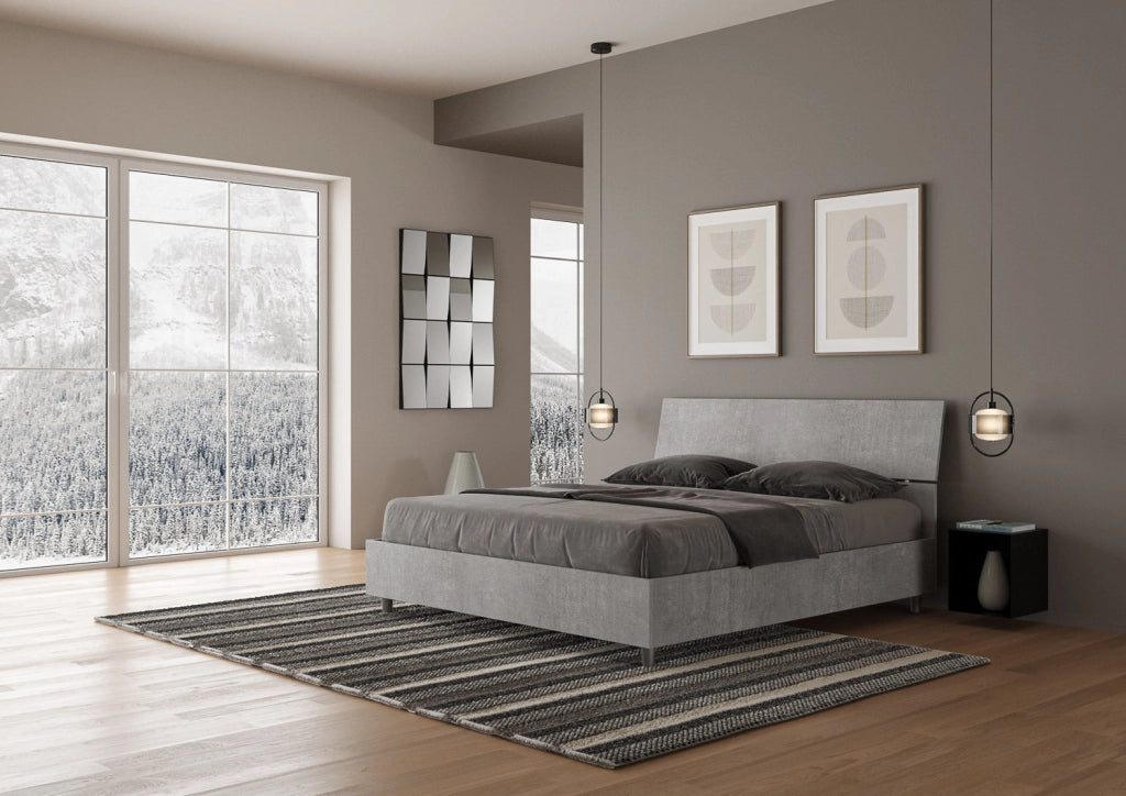 Letto Matrimoniale 160x190 cm con Rete e Contenitore Testata Inclinata Demas Cemento