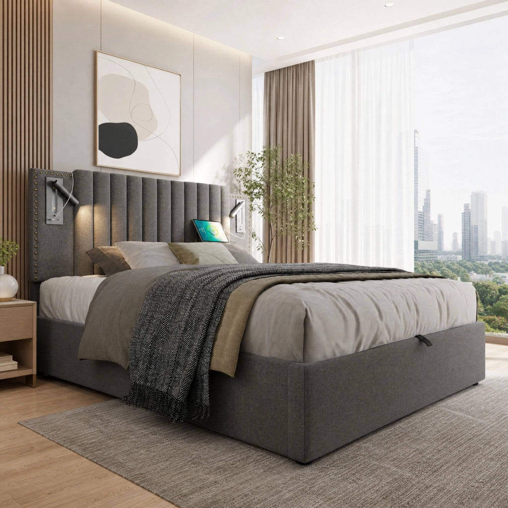 Letto matrimoniale 140x200 cm con contenitore; luce di lettura e USB; cotone grigio