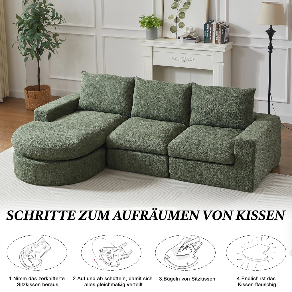 Divano angolare modulare con chaise longue reversibile e cuscini di sostegno in ciniglia verde 251 × 160 × 81 cm