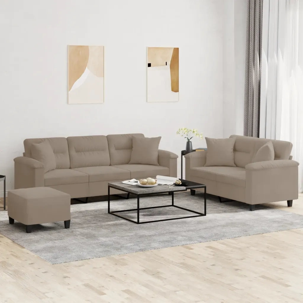 Set Divani 3 pz con Cuscini tortora in Tessuto Microfibra