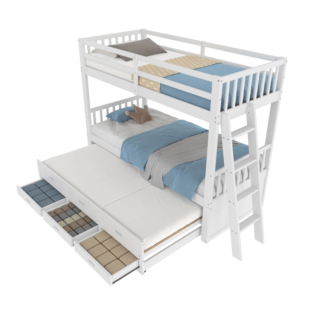 Letto a castello 90 × 200 cm con letto estraibile e 3 cassetti in legno bianco con scala antiscivolo