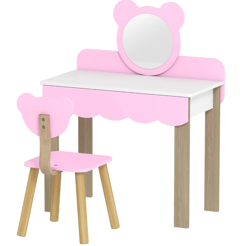 Toeletta per bambini ULEVR rosa con specchio acrilico a forma di orsetto, cassetto e sgabello