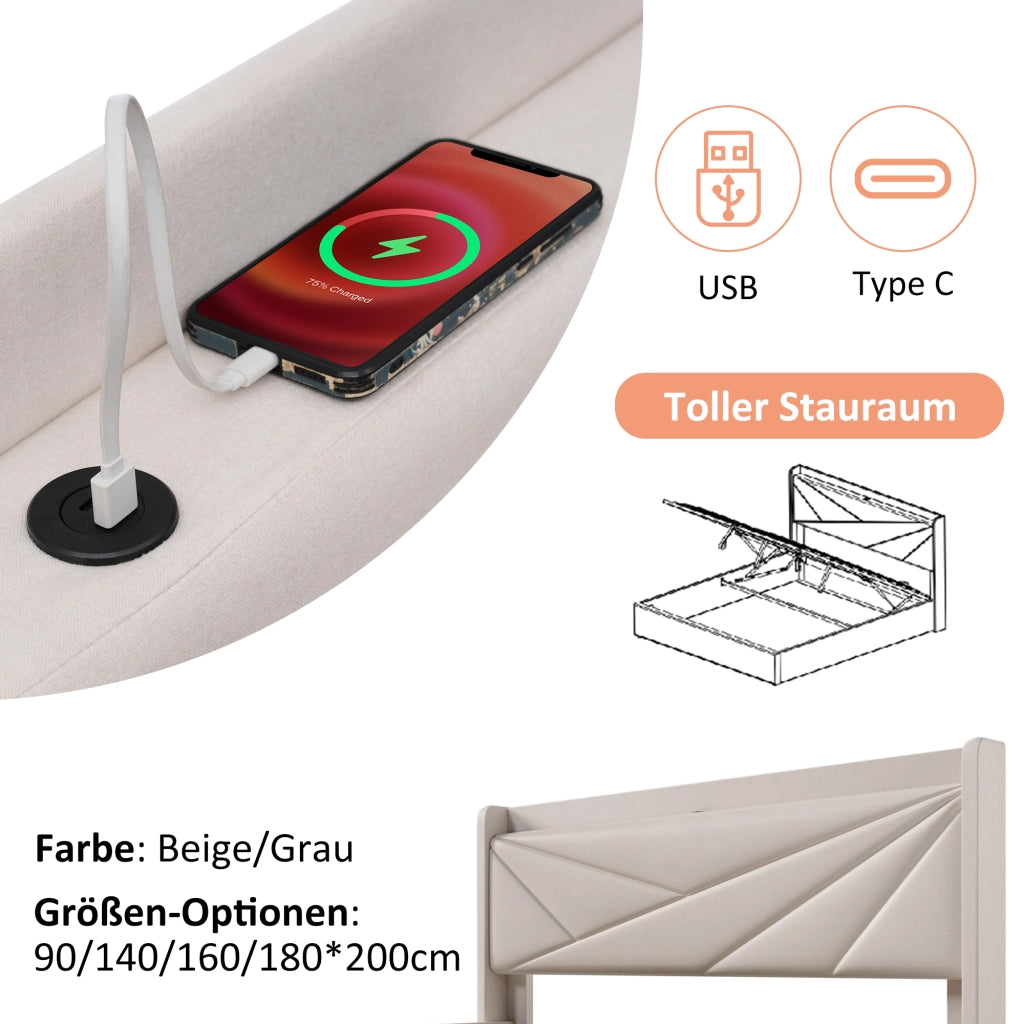 letto imbottito cotone lino beige 180x200 cm