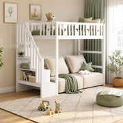 Letto a soppalco per bambini 90 × 200 cm con scala e ripiani in legno bianco con barriera di sicurezza