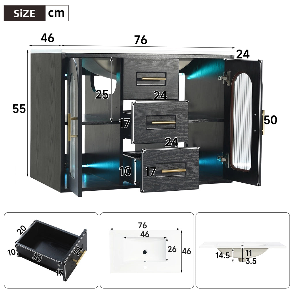 Mobile bagno sospeso 76 cm con lavabo in ceramica, LED e vetro rigato nero