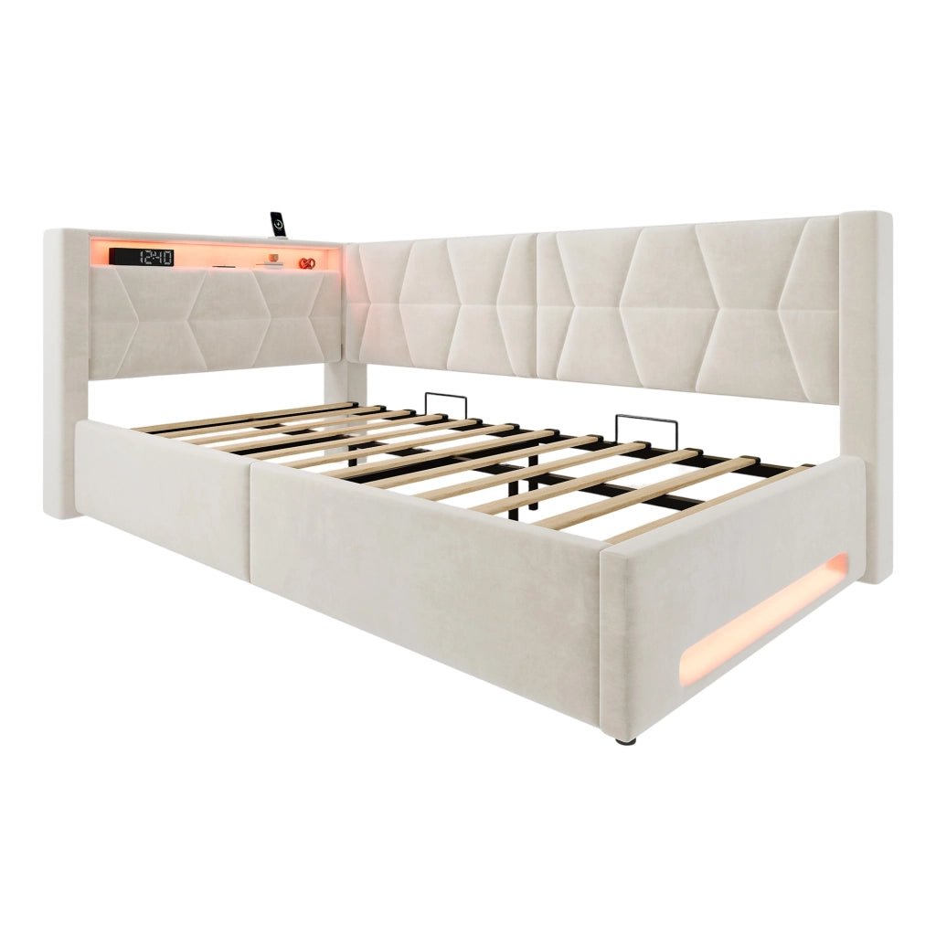 Letto singolo 90x200 cm in velluto beige con contenitore idraulico; LED; USB e Type-C