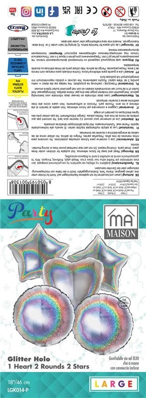 MA MAISON PALLONCINI HOLOGRAFICI GLITTERATI 1 CUORE, 2 STELLE, 2 ROTONDI 5 PZ 46X18 CM