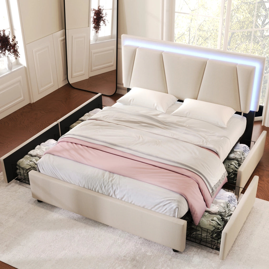 Letto imbottito 140 x 200 cm beige con LED e 4 cassetti