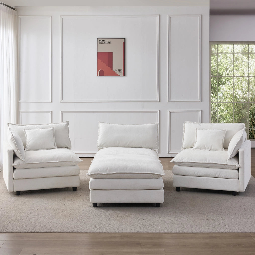 Divano angolare modulare 3 posti con pouf mobile in chenille beige struttura in legno e cuscini sfoderabili