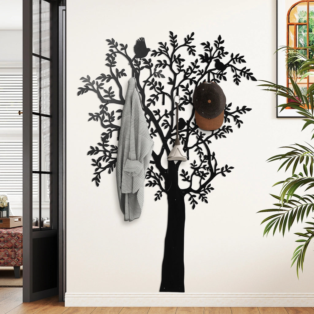 Appendiabiti da parete con 8 ganci, design ad albero con 4 uccelli, nero, salvaspazio, per ingresso