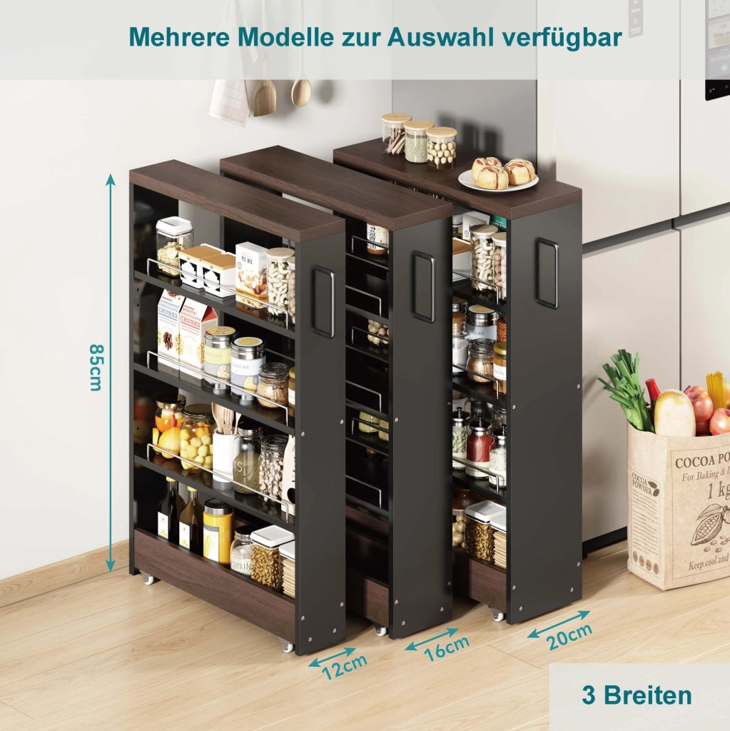 Carrello Slim con 4 Ripiani Regolabili, 20 cm di Larghezza, Nero con Piano Effetto Legno Marrone, 55x20x85 cm, per Cucina e Bagno