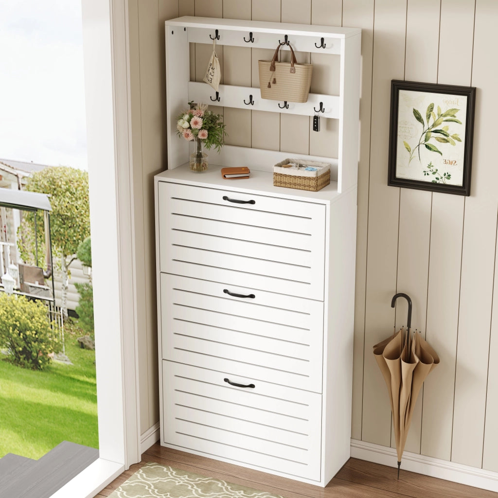 Scarpiera con 3 ripiani e 8 ganci per accessori, per ingresso e camera da letto, in truciolare bianco, 70 × 25 × 165 cm