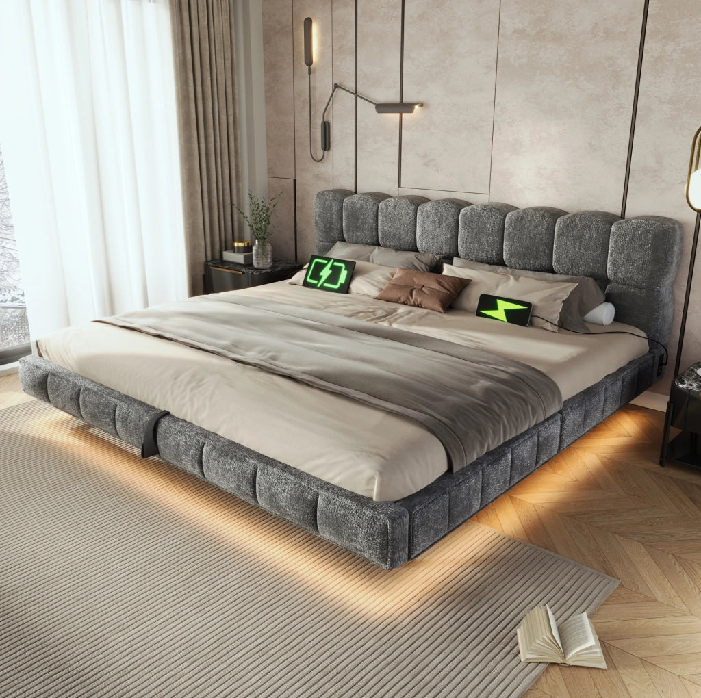 Letto imbottito 180x200 cm con contenitore, LED e USB, rivestimento in ciniglia grigio