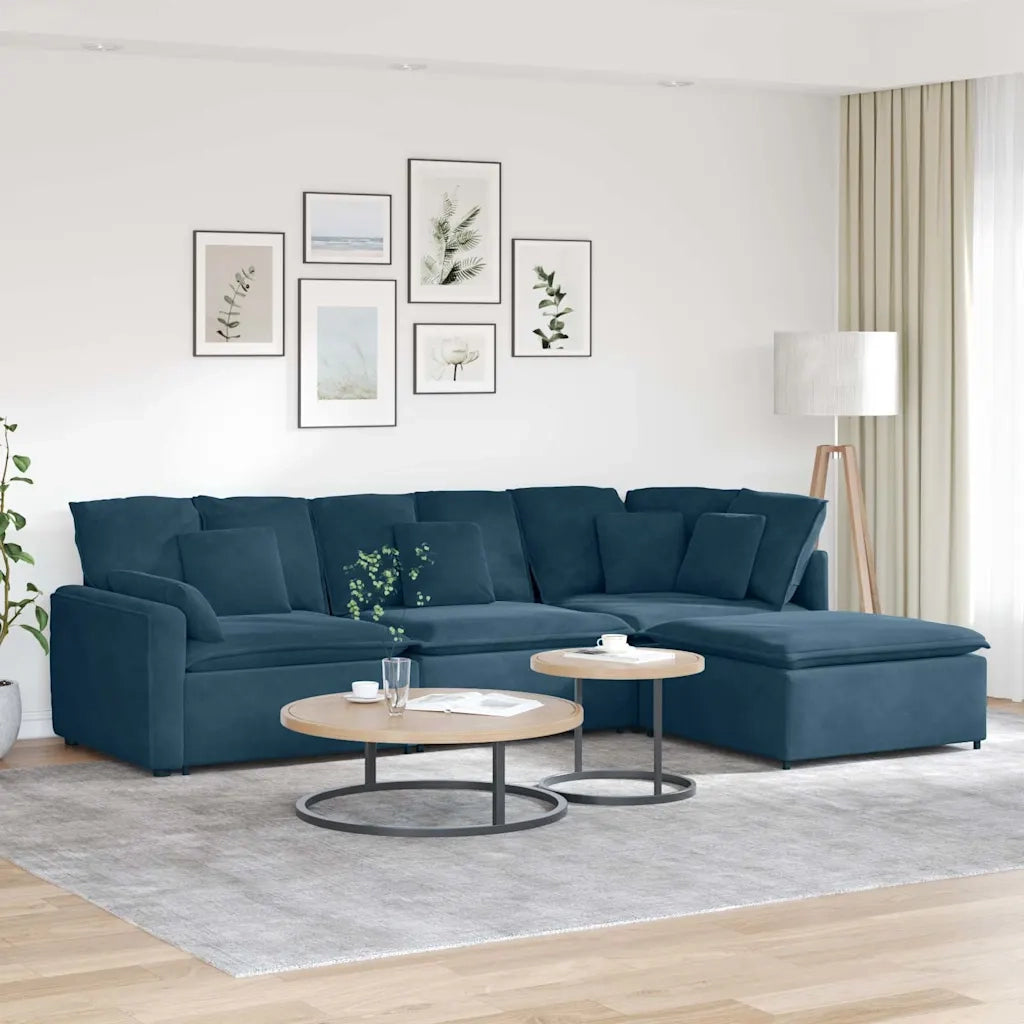 Divano Modulare con Poggiapiedi e Cuscini in Velluto Blu 3321188