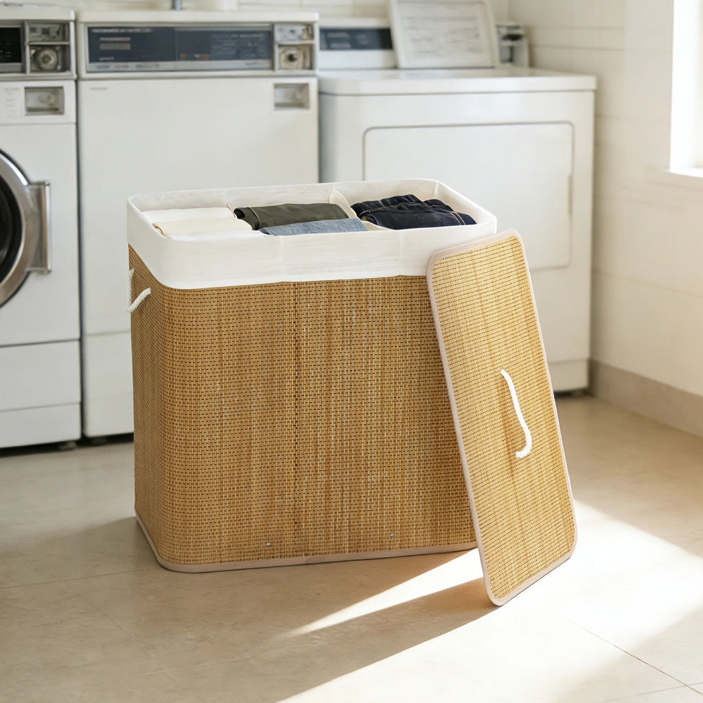 Cestino Lavanderia 144L Bamb¨´ con 3 Scomparti e Maniglia ¨C Minimal ¨C 60x40x60 cm Marrone