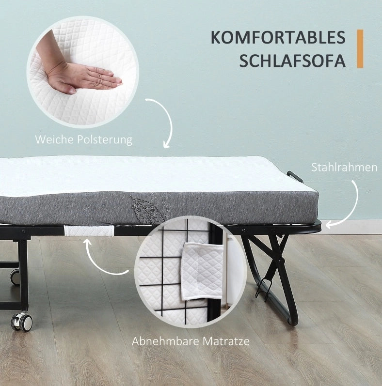 Letto pieghevole 90x200 cm con ruote e rivestimento in poliestere bianco