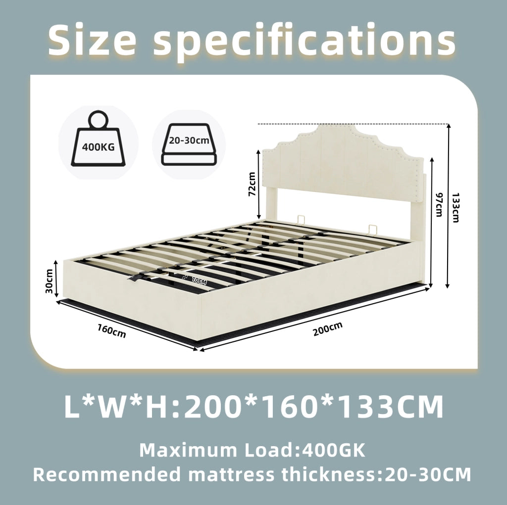 Letto matrimoniale imbottito ULEVR 160x200 cm con materasso incluso, testiera geometrica beige