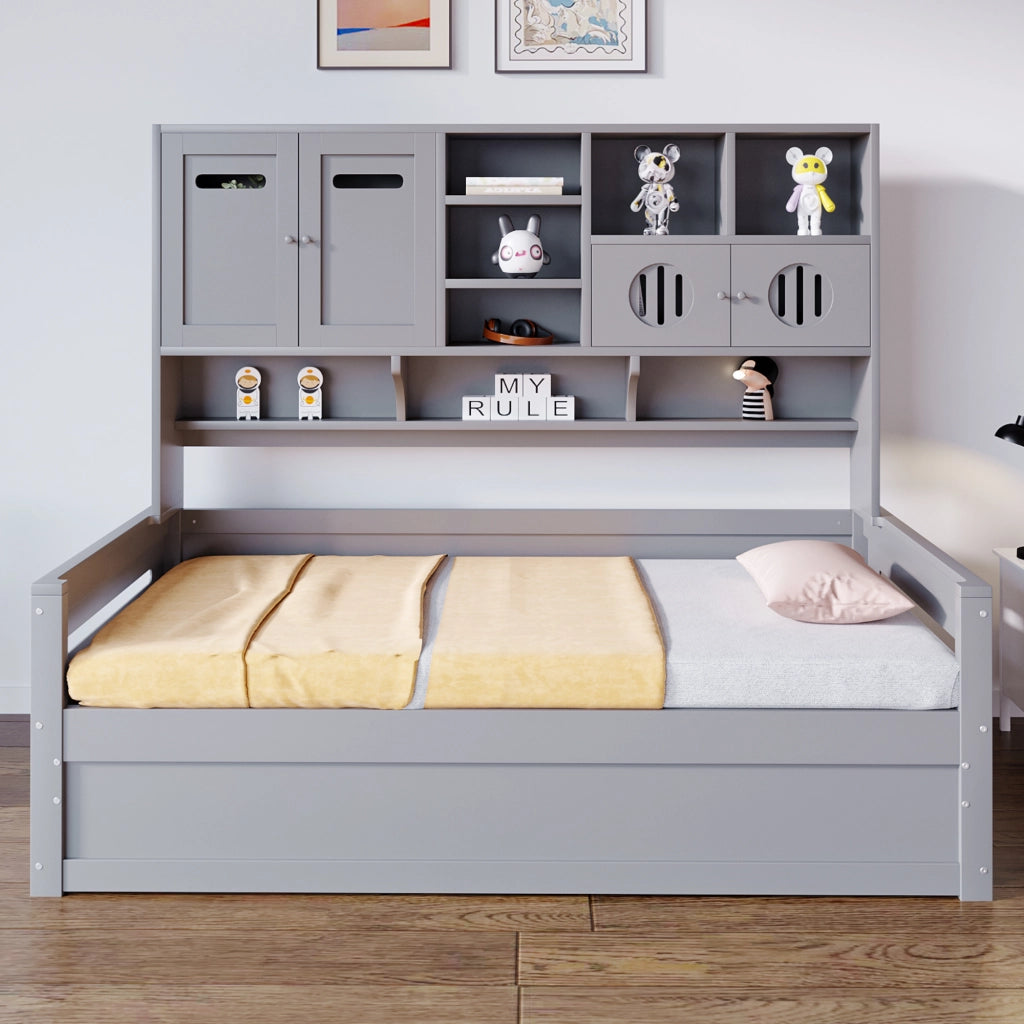 Letto singolo con contenitore 90 × 200 cm con sollevamento idraulico e vano superiore in legno di pino grigio