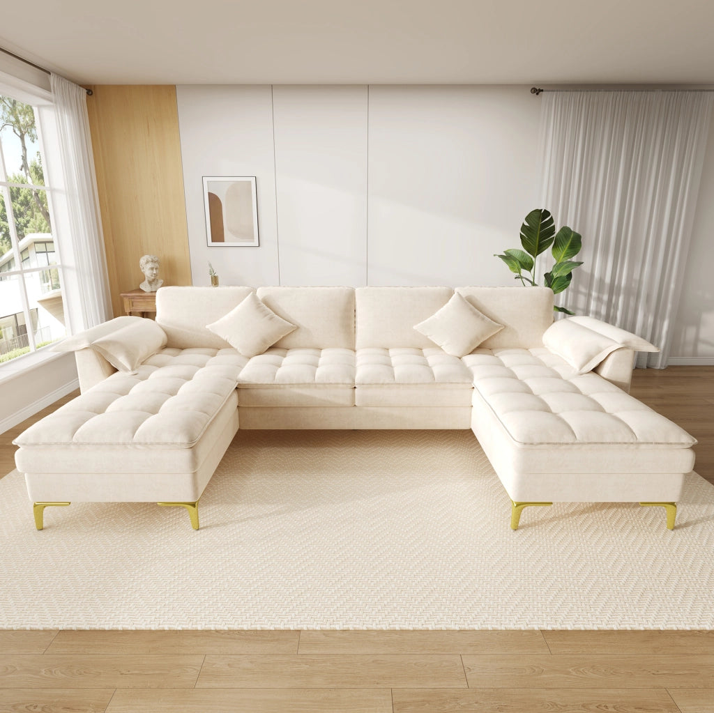 Divano angolare a U ULEVR 262x134x86 cm, 4-5 posti con 2 chaise longue e cuscini, rivestimento in ciniglia beige