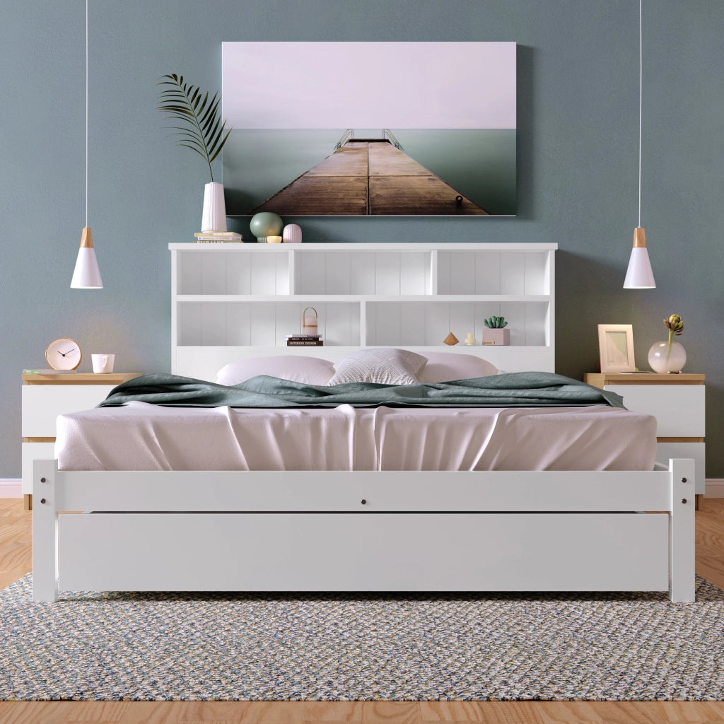 Letto matrimoniale con cassetti 140 ¡Á 200 cm in legno bianco con testiera libreria e rete a doghe