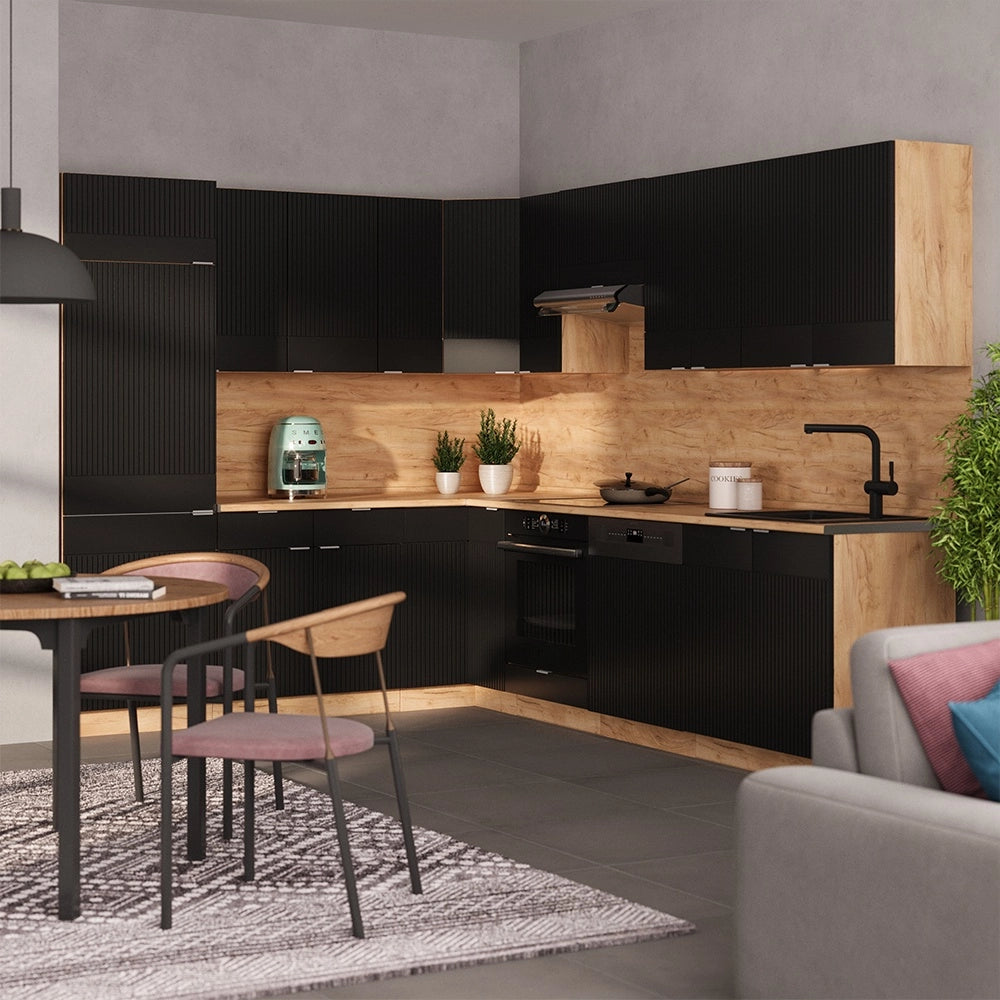 Cucina angolare completa Fame-Line Nero rigato/Rovere dorato 287 x 227 cm, PL Antracite Vicco