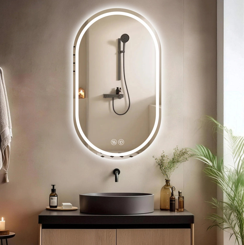 Specchio Bagno Ovale Senza Cornice 60x90 cm con LED e Funzione Antinebbia, Touch Screen