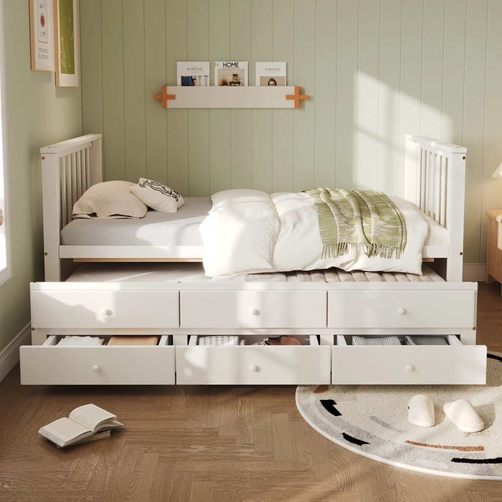 Letto con letto estraibile 90 × 200 cm con tre cassetti in legno e MDF bianco; letto estraibile 90 × 190 cm
