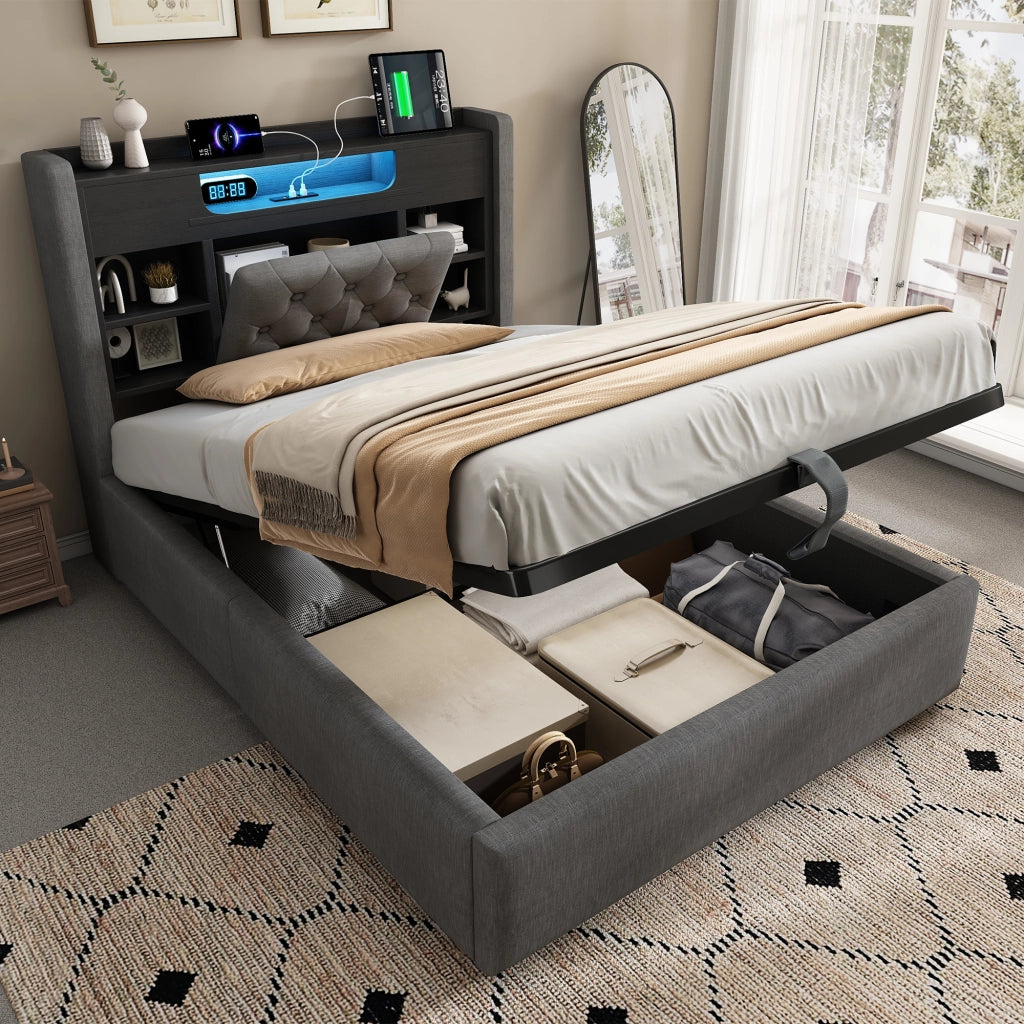 Letto contenitore 90 × 200 cm con LED; porte USB e USB-C; testiera imbottita con ripiani; lino grigio