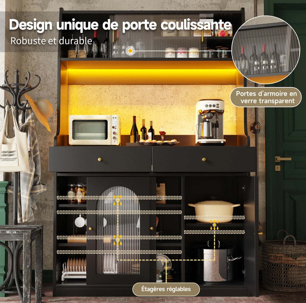 Buffet Cabinet con LED regolabile, 120x40x180 cm, MDF e PB, nero, 2 cassetti e ripiani regolabili