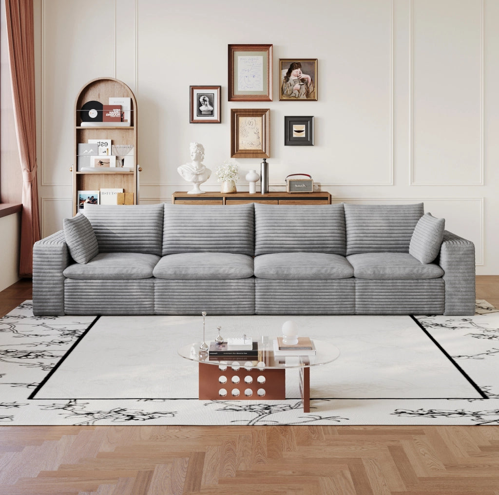 Divano Cloud 340 cm in tessuto di velluto a coste grigio scuro con imbottitura rimovibile e design modulare senza necessità di montaggio