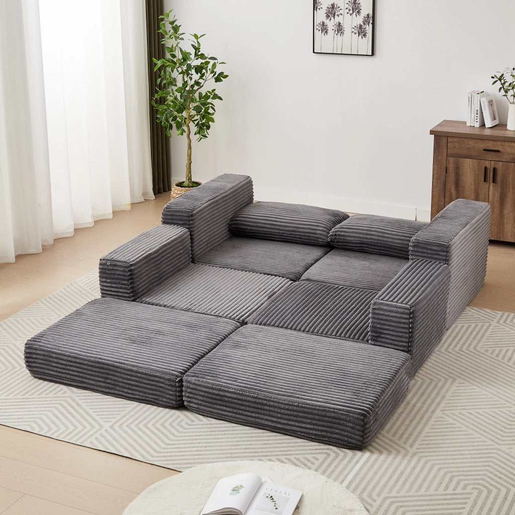 Divano letto modulare 2 in 1 con poggiapiedi rimovibile in velluto a coste grigio