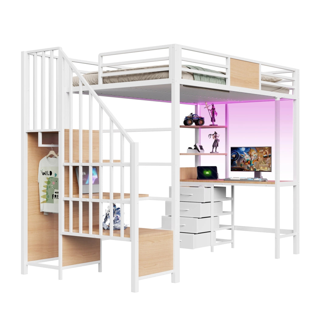 Letto a soppalco per bambini 90x200 cm con scrivania; LED e presa; ripiani e barra appendiabiti; metallo bianco