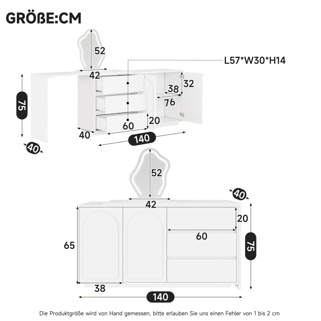 Toeletta 140x40x75 cm con specchio LED a 3 tonalit¨¤ e piano estraibile bianca