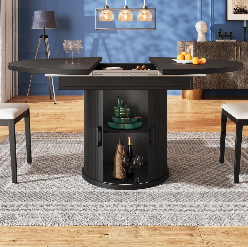 Tavolo da pranzo allungabile nero con vano contenitore, 118-158 x 118 x 76,8 cm