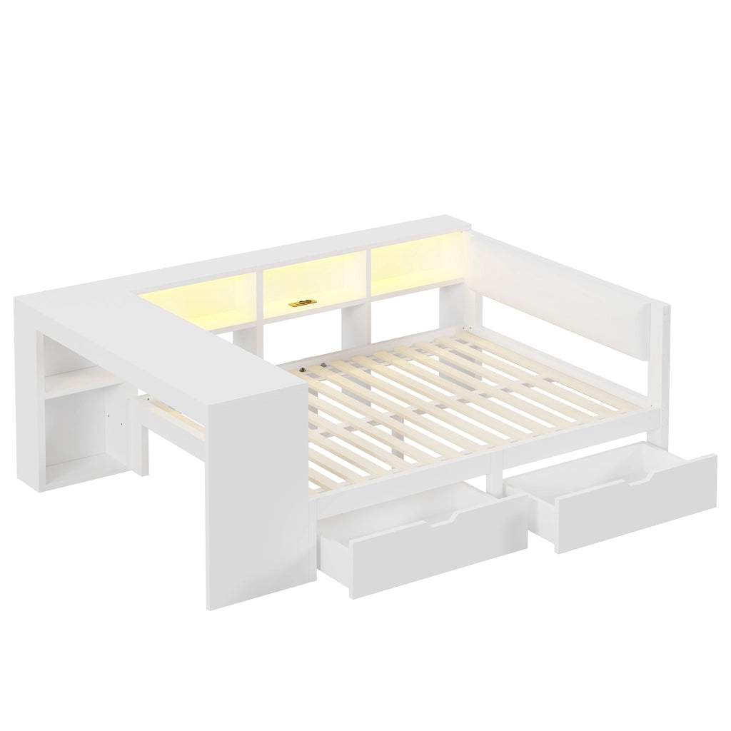 Letto Contenitore Imbottito 140x200 cm con Cassetti; LED; USB; Bianco