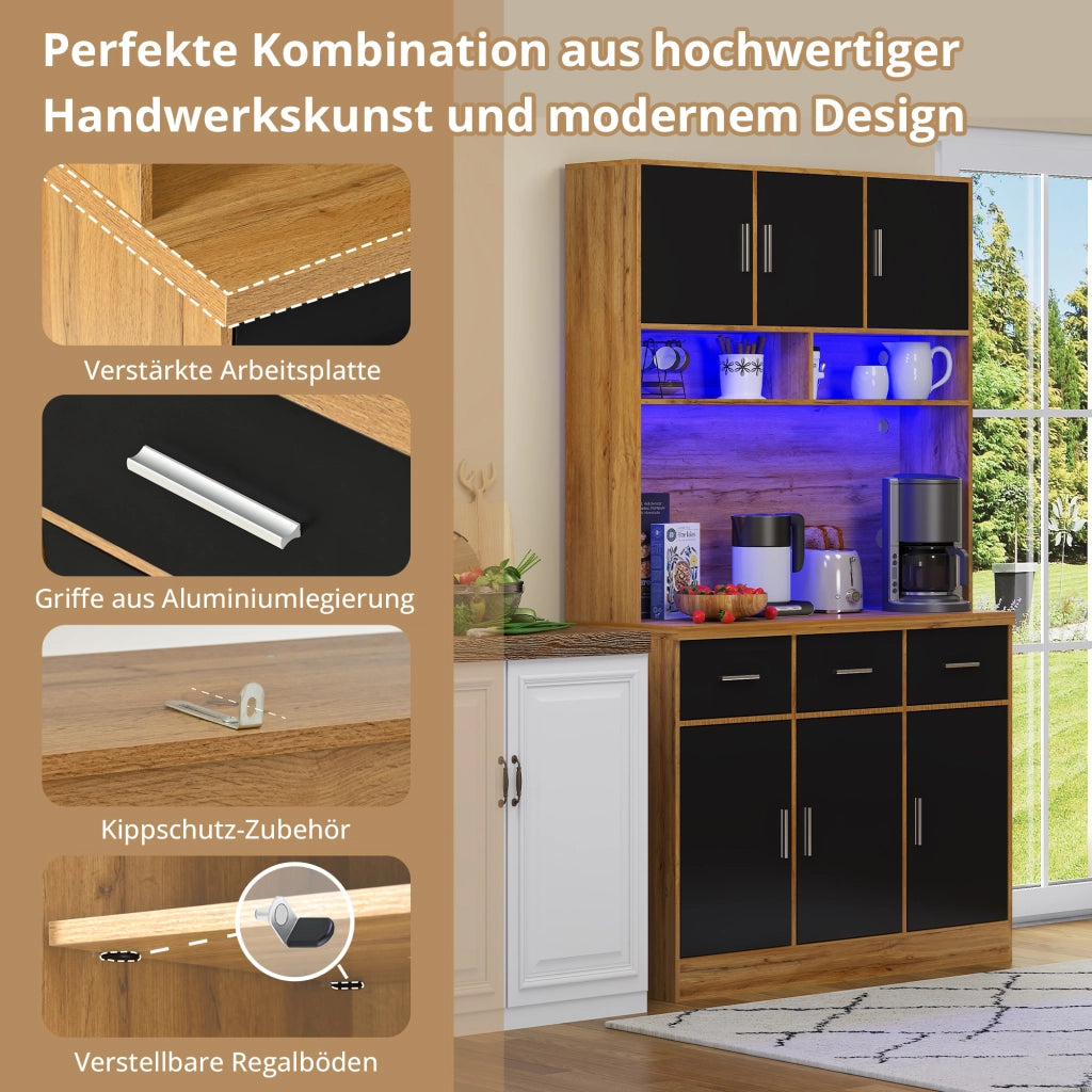 Credenza da cucina alta LED con 6 ante, 3 cassetti e ripiani regolabili per cucina e sala da pranzo, 100 × 40 × 180 cm