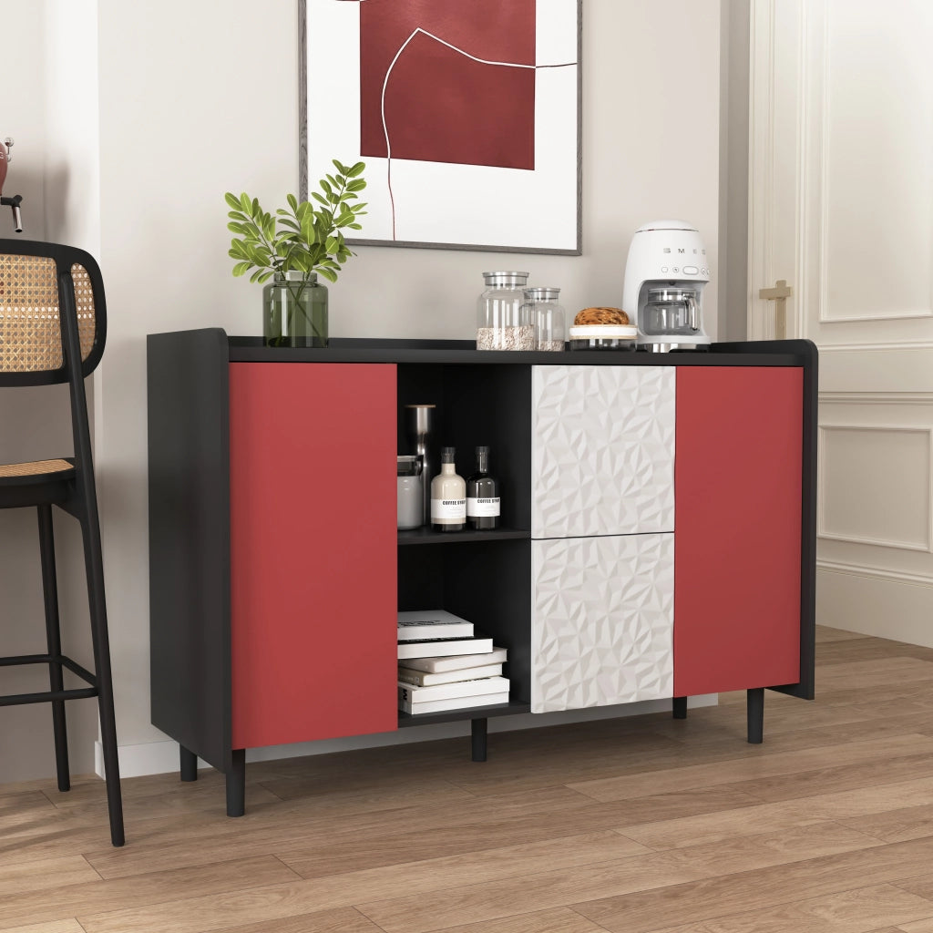 Credenza con 2 cassetti; vani aperti e armadietto chiuso in MDF nero e rosso 120 × 40 × 80 cm