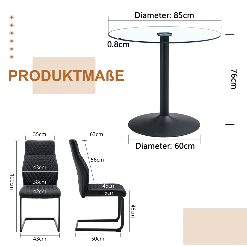 Set tavolo rotondo 85 cm in vetro trasparente, 4 sedie PU nere
